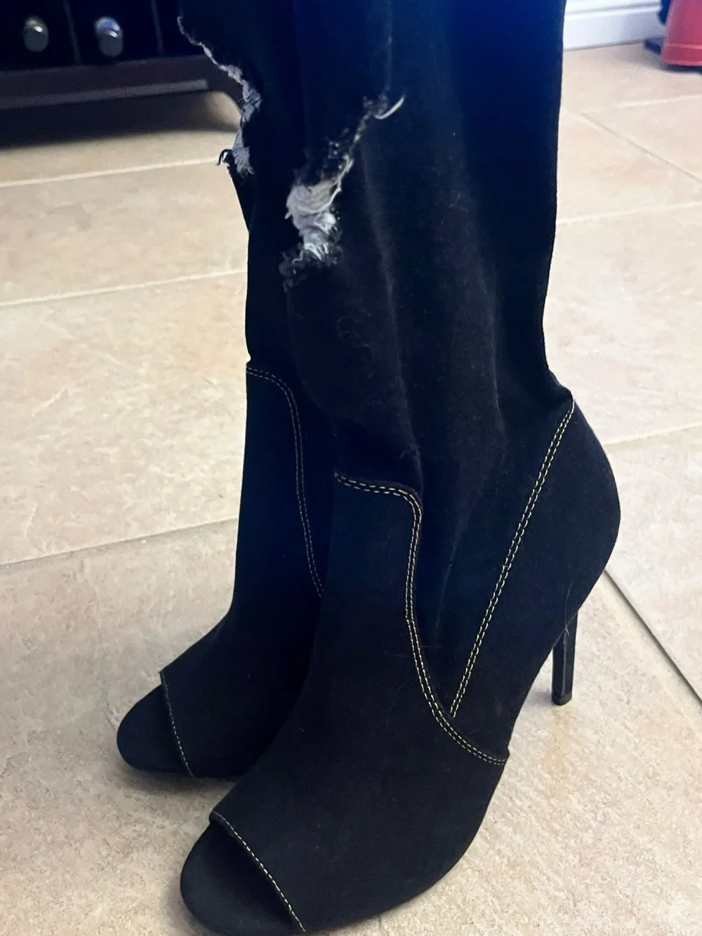 Black Stiletto High Heel Thigh High Peep Toe Stretch Black Denim Ripped Boots 8
